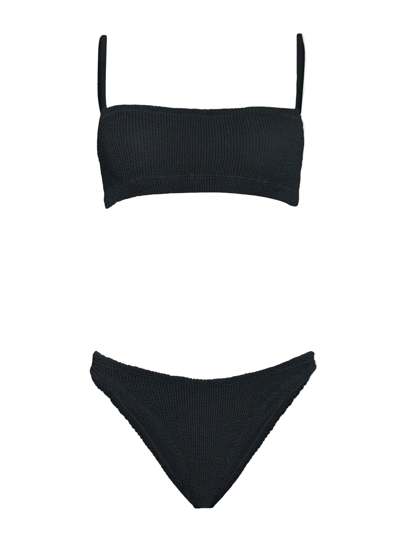 The Hunza G Gigi Bikini is a black crinkle fabric two-piece with a straight bandeau top, thin straps, and matching high-cut bottoms, shown on a white background. This one-size swimsuit blends comfort and modern style.