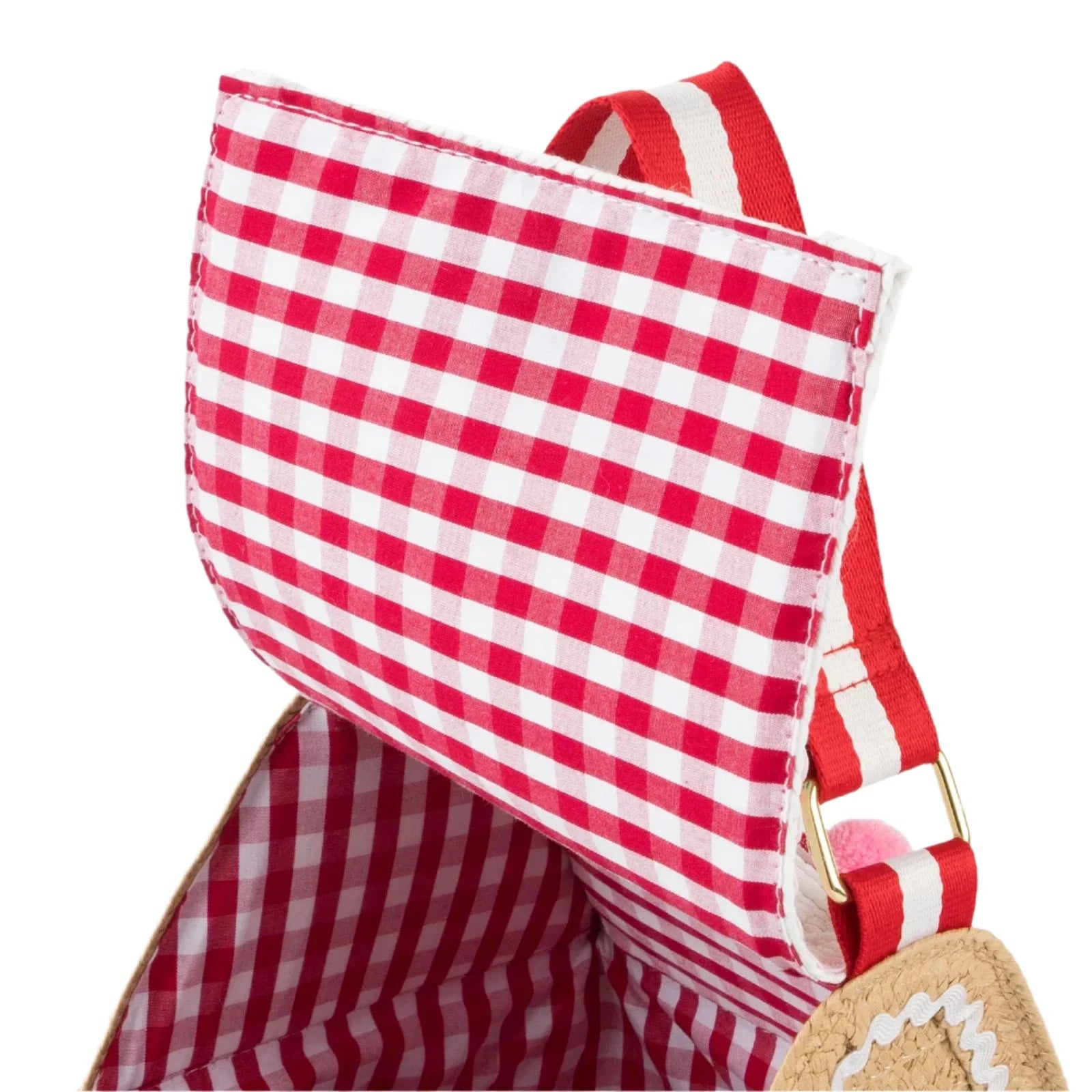 Close-up of the Meri Meri Gingerbread House Bag, showcasing its open interior and featuring a red and white checkered fabric design with striped handles.