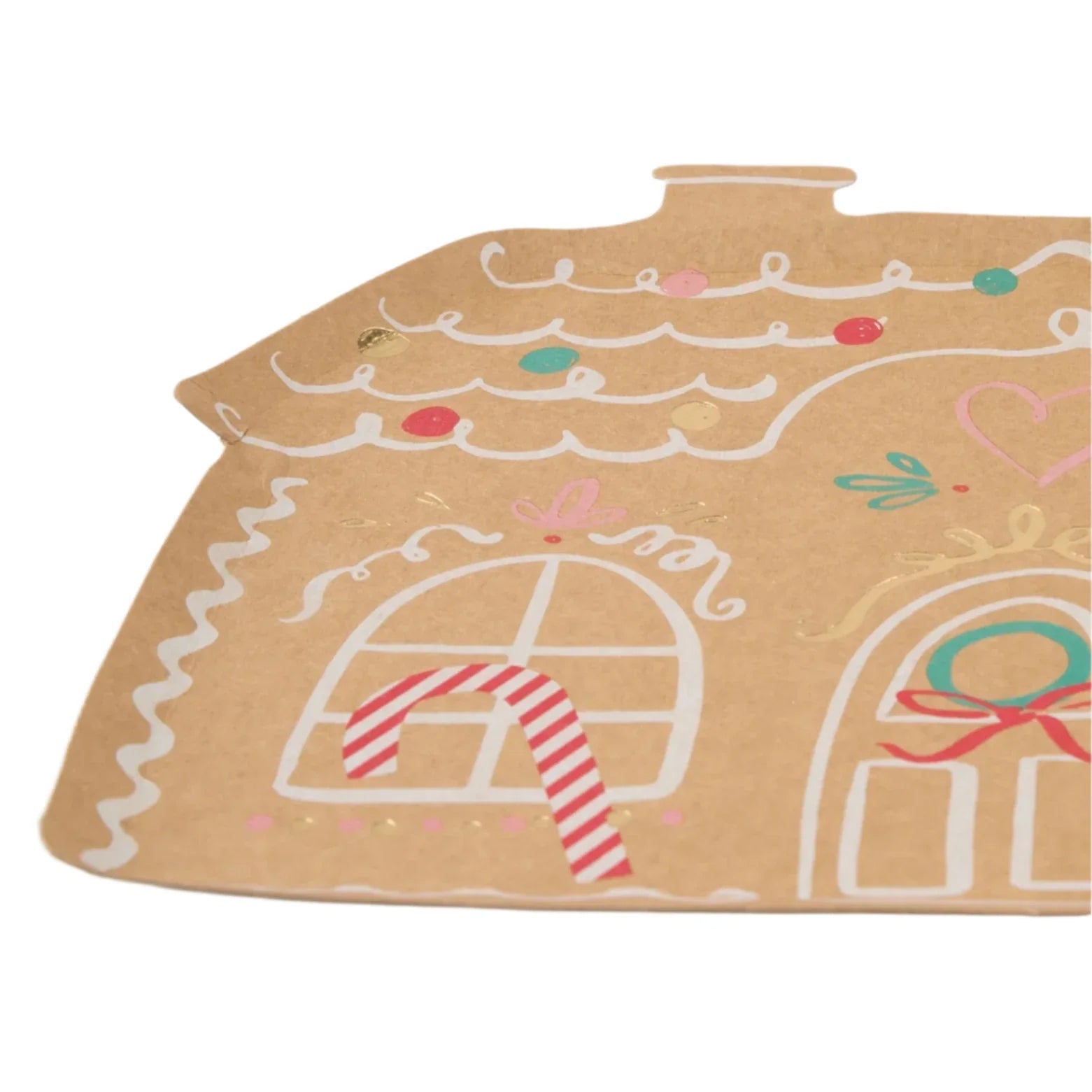 The Meri Meri Gingerbread House Plates feature a detailed illustration of a gingerbread house adorned with candy decorations, windows, and a door. Rendered in warm Christmas party colors on a brown background, these plates vividly capture the holiday spirit and are perfect for festive feasting.