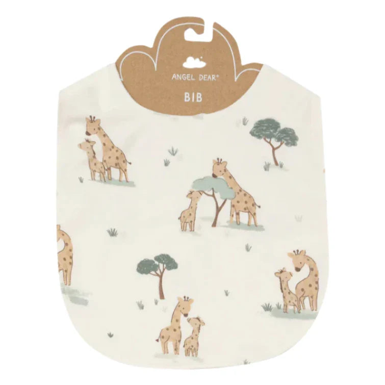 The Angel Dear Giraffe Families Feeding Bib is crafted from bamboo fiber and showcases prints of giraffes and trees on a light fabric. The tag reads "Angel Dear.