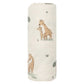 The Angel Dear Giraffe Families Swaddle Blanket by Angel Dear is a soft and stretchy, rolled-up white blanket showcasing enchanting giraffe illustrations on a light green background, making it perfect for swaddles or adding a touch of versatile design to any nursery.