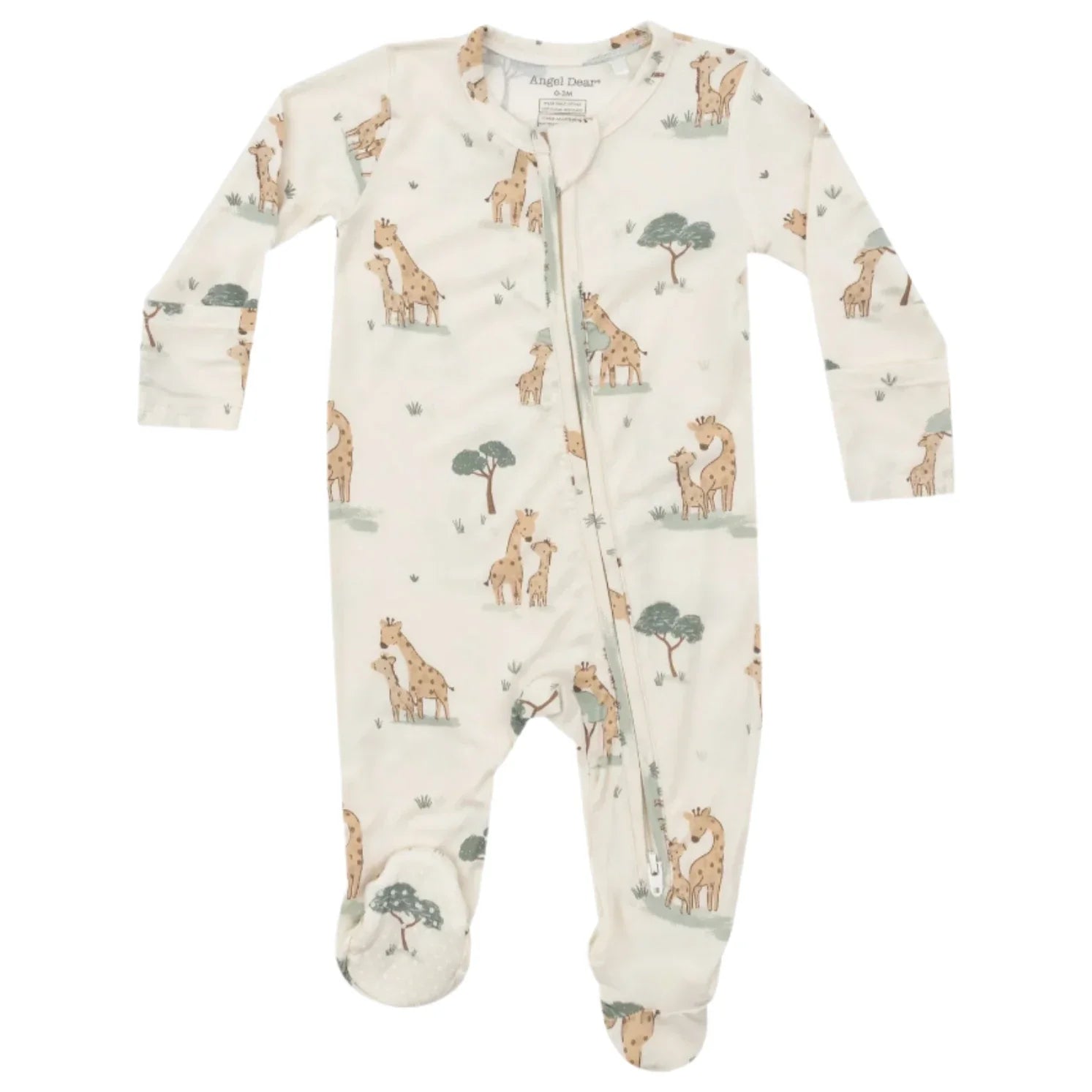 The Angel Dear Giraffe Families Zip Footie by Angel Dear is a bamboo fiber baby onesie with a giraffe print, designed with a front zipper and fold-over cuffs for enhanced comfort.