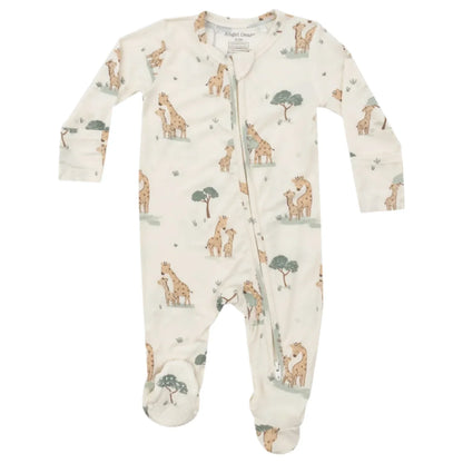 The Angel Dear Giraffe Families Zip Footie by Angel Dear is a bamboo fiber baby onesie with a giraffe print, designed with a front zipper and fold-over cuffs for enhanced comfort.