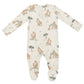 The Angel Dear Giraffe Families Zip Footie is crafted from soft bamboo fiber fabric for extra comfort and features a charming giraffe print with green tree accents.