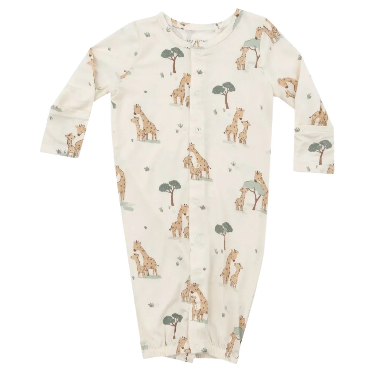 The Angel Dear Giraffe Families Convertible Gown features a delightful giraffe and tree design on a soft fabric made from viscose derived from bamboo. This product by Angel Dear is machine washable, making it easy to care for and simplifying your daily routine.