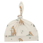 The Angel Dear Giraffe Families Knotted Hat is an adorable white baby hat with a playful giraffe print, crafted from a blend of spandex for added comfort, and features an adjustable top knot to ensure a perfect fit as your little one grows.