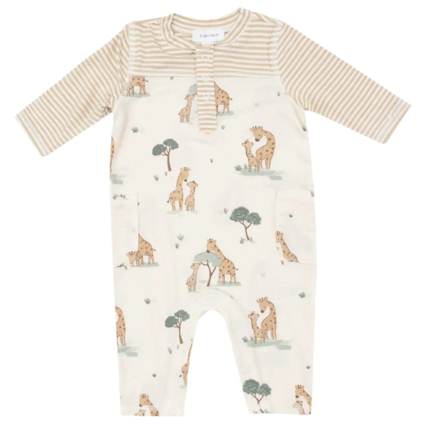 Explore the Angel Dear Giraffe Families Romper with Contrast Sleeve, designed with striped long sleeves and a delightful giraffes and trees pattern. This romper includes a practical buttoned front and two pockets, combining style and comfort in its soft spandex and bamboo viscose blend.