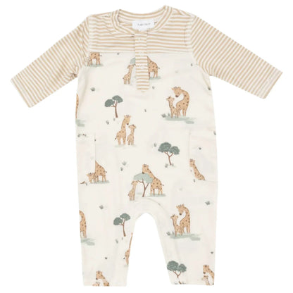 Explore the Angel Dear Giraffe Families Romper with Contrast Sleeve, designed with striped long sleeves and a delightful giraffes and trees pattern. This romper includes a practical buttoned front and two pockets, combining style and comfort in its soft spandex and bamboo viscose blend.