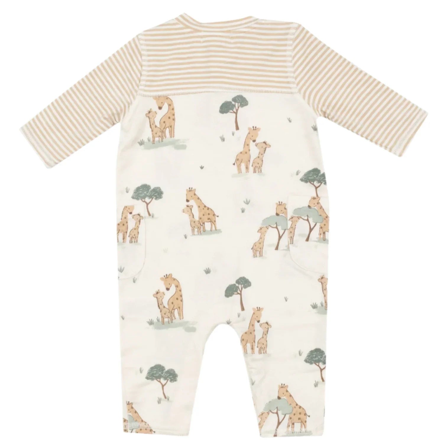 The Angel Dear Giraffe Families Romper with Contrast Sleeve showcases charming giraffe and tree patterns on the main fabric, complemented by beige and white striped sleeves and top. Made from soft viscose derived from bamboo with a hint of spandex, this romper ensures comfort and flexibility for your little one.