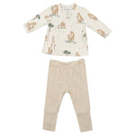 Introducing the Angel Dear Giraffe Families Take Me Home Set with Roll Over Cuff Pant, showcasing a delightful white long-sleeve shirt adorned with giraffe prints and complemented by beige striped pants, all presented against a pristine white background.