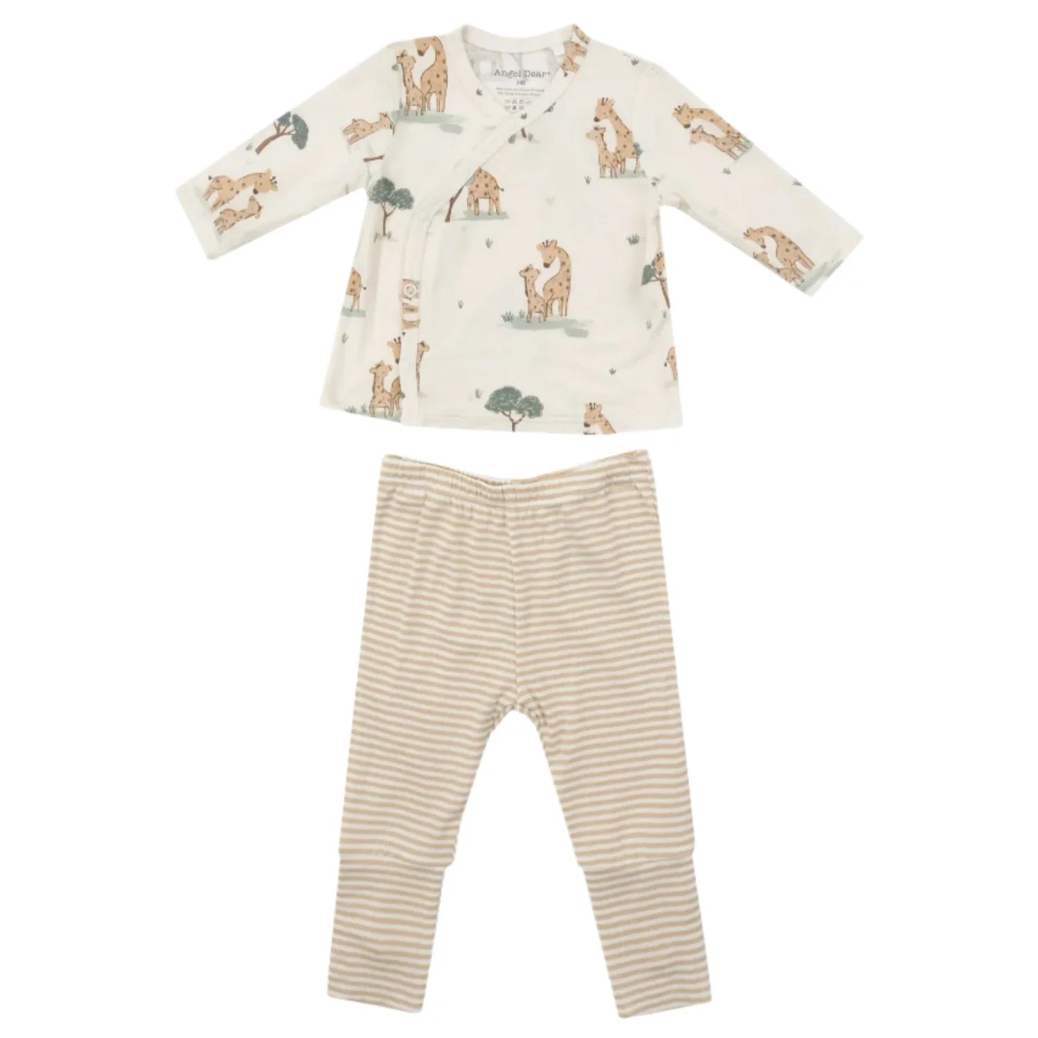 Introducing the Angel Dear Giraffe Families Take Me Home Set with Roll Over Cuff Pant, showcasing a delightful white long-sleeve shirt adorned with giraffe prints and complemented by beige striped pants, all presented against a pristine white background.