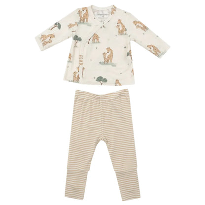 Introducing the Angel Dear Giraffe Families Take Me Home Set with Roll Over Cuff Pant, showcasing a delightful white long-sleeve shirt adorned with giraffe prints and complemented by beige striped pants, all presented against a pristine white background.