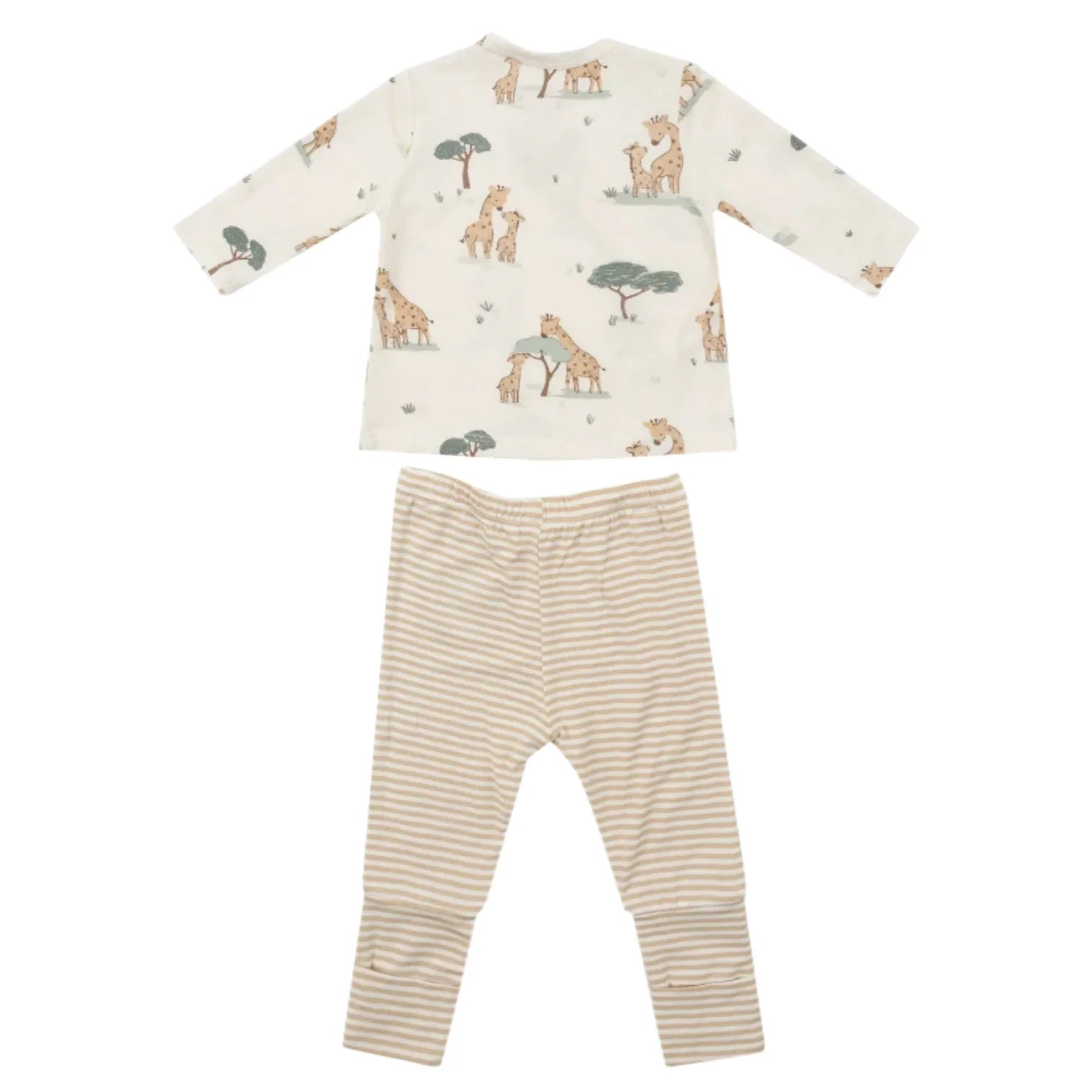 Introducing the Angel Dear Giraffe Families Take Me Home Set, a delightful children's outfit by Angel Dear. It includes a long-sleeved shirt adorned with giraffe and tree prints, beige striped pants with roll-over cuffs, and snug padded feet for added comfort.