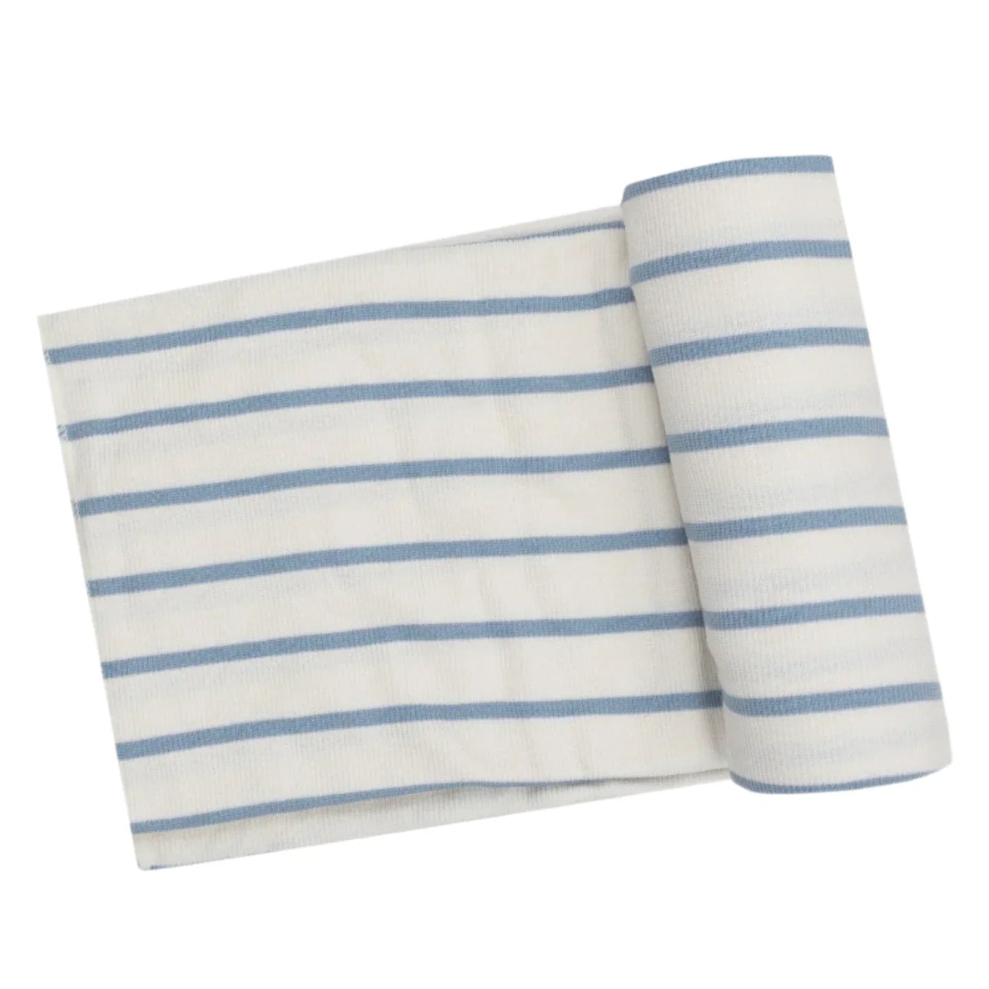 An Angel Dear Modal Rib Stripe Glacier Lake Swaddle Blanket featuring horizontal blue and white stripes.