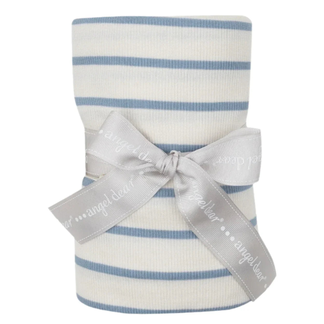 The Angel Dear Modal Rib Stripe Glacier Lake Swaddle Blanket is a rolled, blue and white striped blanket adorned with a gray ribbon featuring the text "angel dear," ideal for swaddling your little one.