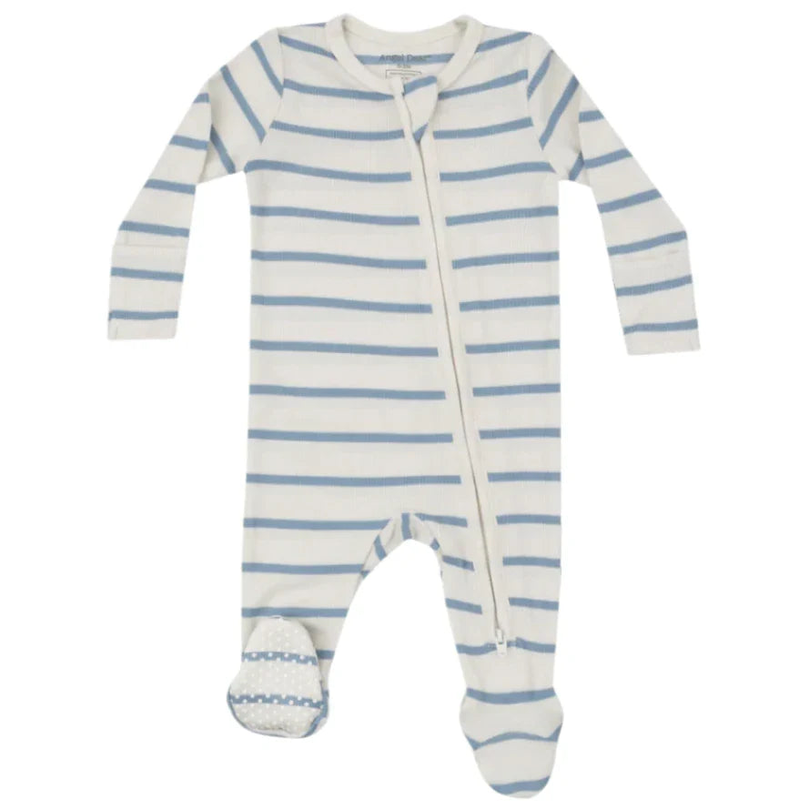 Introducing the Angel Dear Modal Rib Stripe Glacier Lake 2-Way Zip Footie, a striped baby onesie designed by Angel Dear. This cozy footie combines luxurious bamboo fiber fabric with long sleeves and a practical front zipper. It showcases charming blue horizontal stripes set against a white background and includes convenient fold-over cuffs along with snug foot coverings for added comfort.