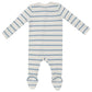 The Angel Dear Modal Rib Stripe Glacier Lake 2-Way Zip Footie is a long-sleeved baby sleepsuit in blue and white horizontal stripes, featuring footed bottoms and fold-over cuffs, shown from the back.