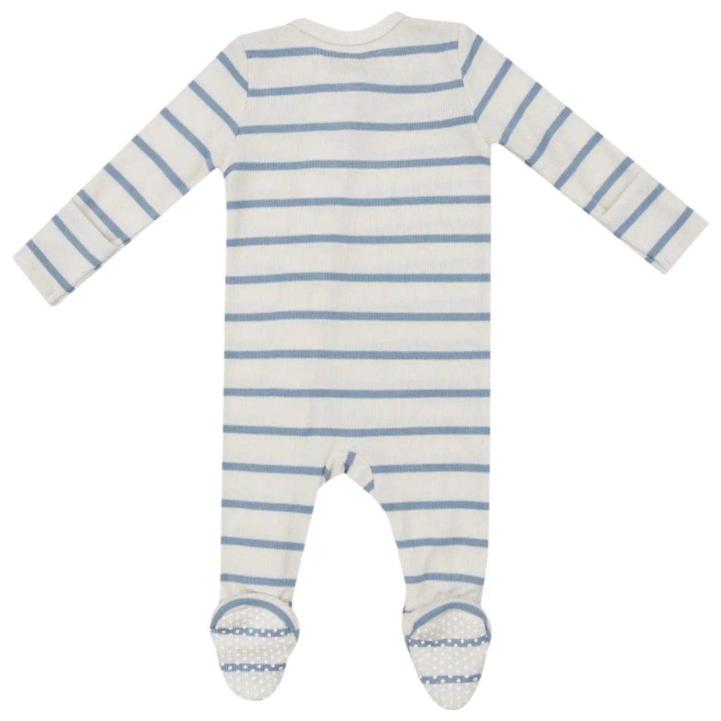 The Angel Dear Modal Rib Stripe Glacier Lake 2-Way Zip Footie is a long-sleeved baby sleepsuit in blue and white horizontal stripes, featuring footed bottoms and fold-over cuffs, shown from the back.