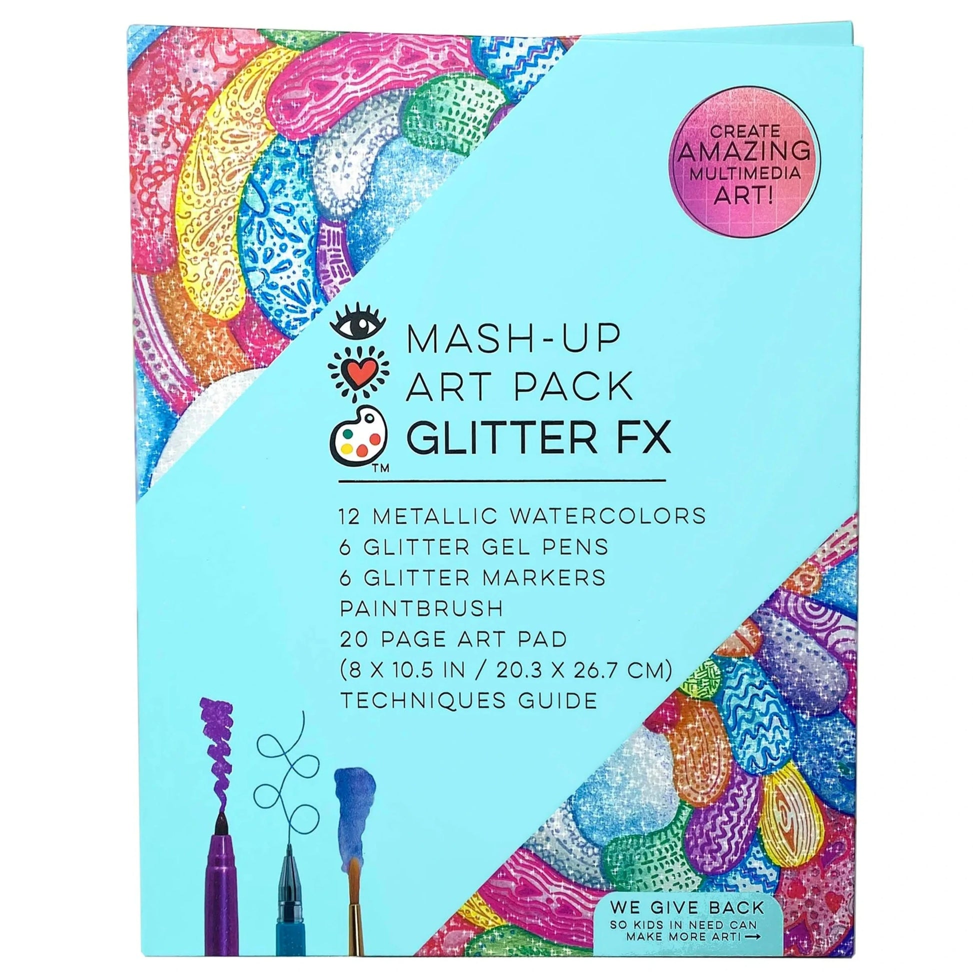 Explore the Bright Stripes Mash-Up Art Pack Glitter FX, featuring vibrant art supplies like 12 metallic watercolors, 6 glitter gel pens, and 6 glitter markers. Includes a paintbrush, a 20-page art pad, and a techniques guide for your creative journey.