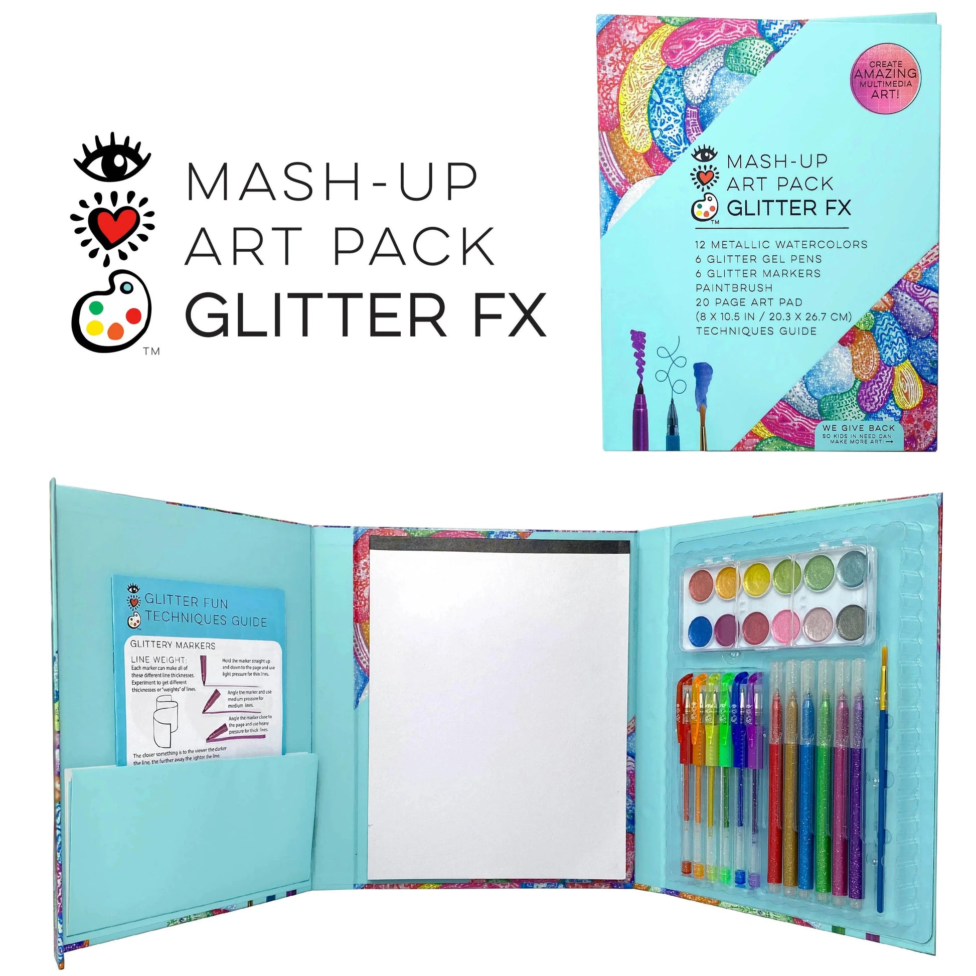 Explore the Bright Stripes Mash-Up Art Pack Glitter FX, offering metallic watercolors, glitter gel pens, a paintbrush, and a watercolor pad with a techniques guide. Packaging and open art set provide inspiration.