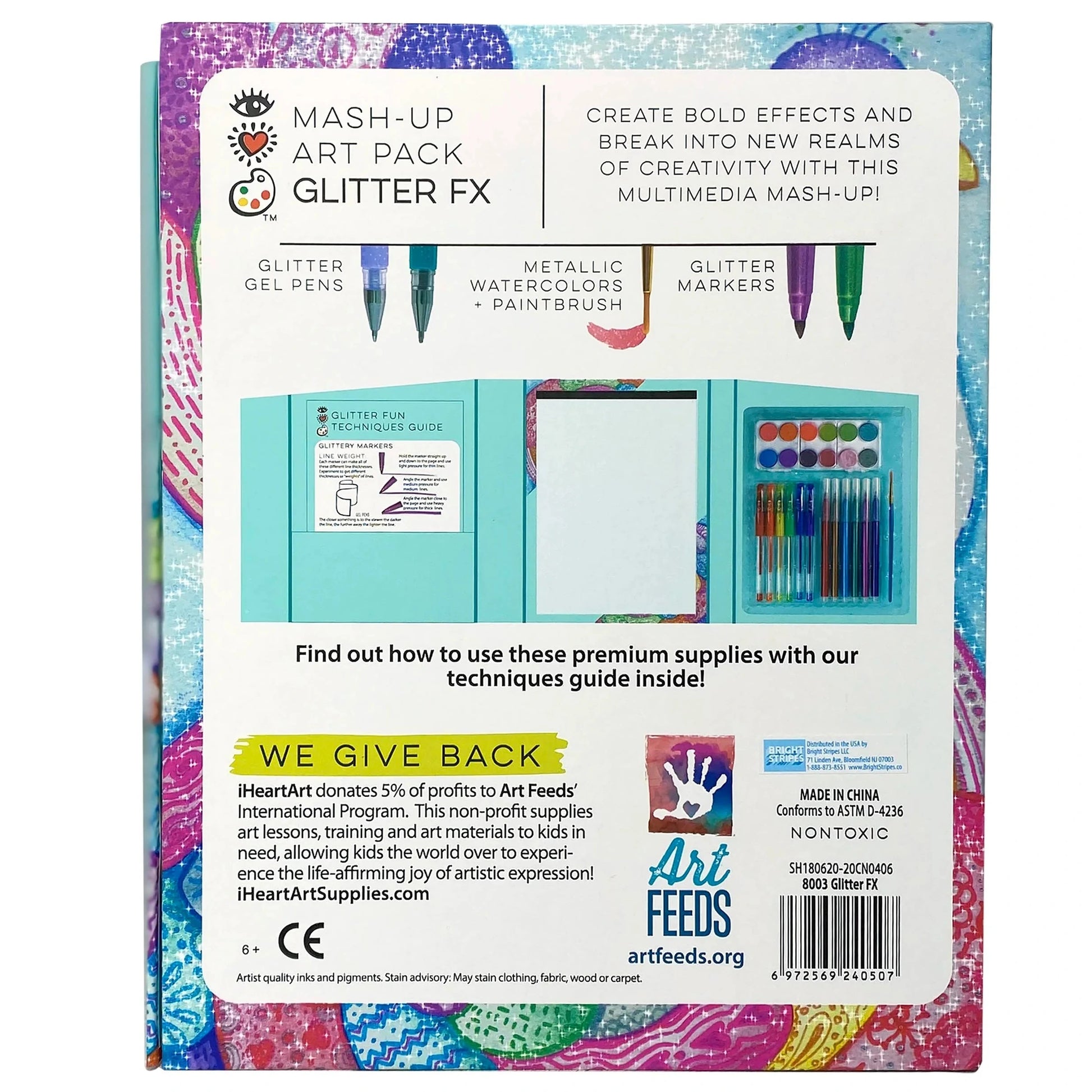 The back cover of the Bright Stripes Mash-Up Art Pack Glitter FX displays vibrant supplies like gel pens, glitter markers, metallic watercolors, and brushes. Create with these glittery art tools while supporting a nonprofit partnership. Proudly made in China by Bright Stripes.