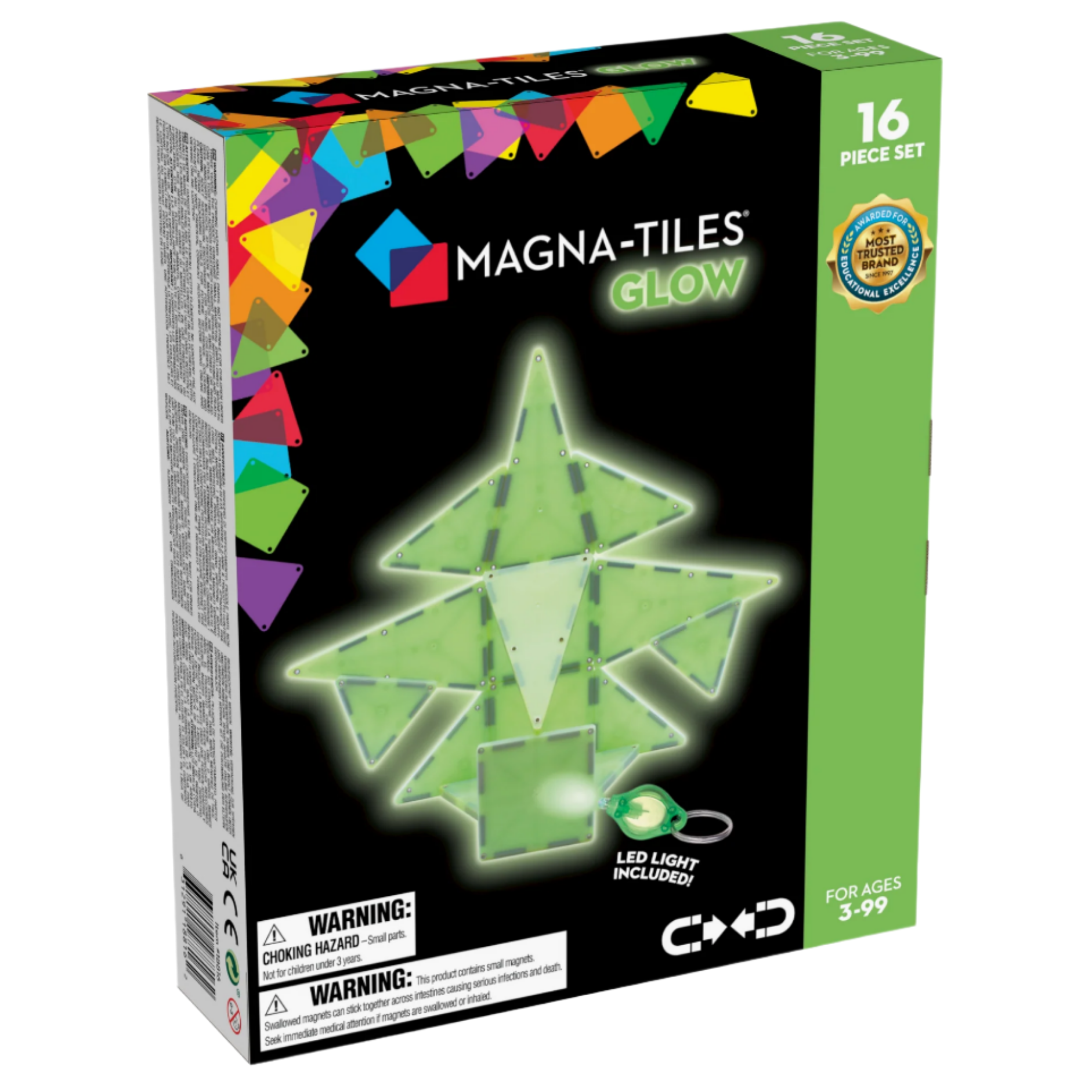 Magnatiles Glow 16-Piece Set features green translucent magnetic tiles and an LED light; ideal for ages 3-99 and perfect for STEAM learning fun.