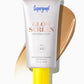 Supergoop Glowscreen SPF 40 in Golden Hour, shown with a yellow cap next to a product smear, provides all-day hydration and a luminous finish.