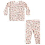 The Quincy Mae Baby Girls' and Girls' Bamboo Pajama Set features a two-piece slim-fit design with long sleeves and pants, showcasing a light pink and brown floral pattern on white.