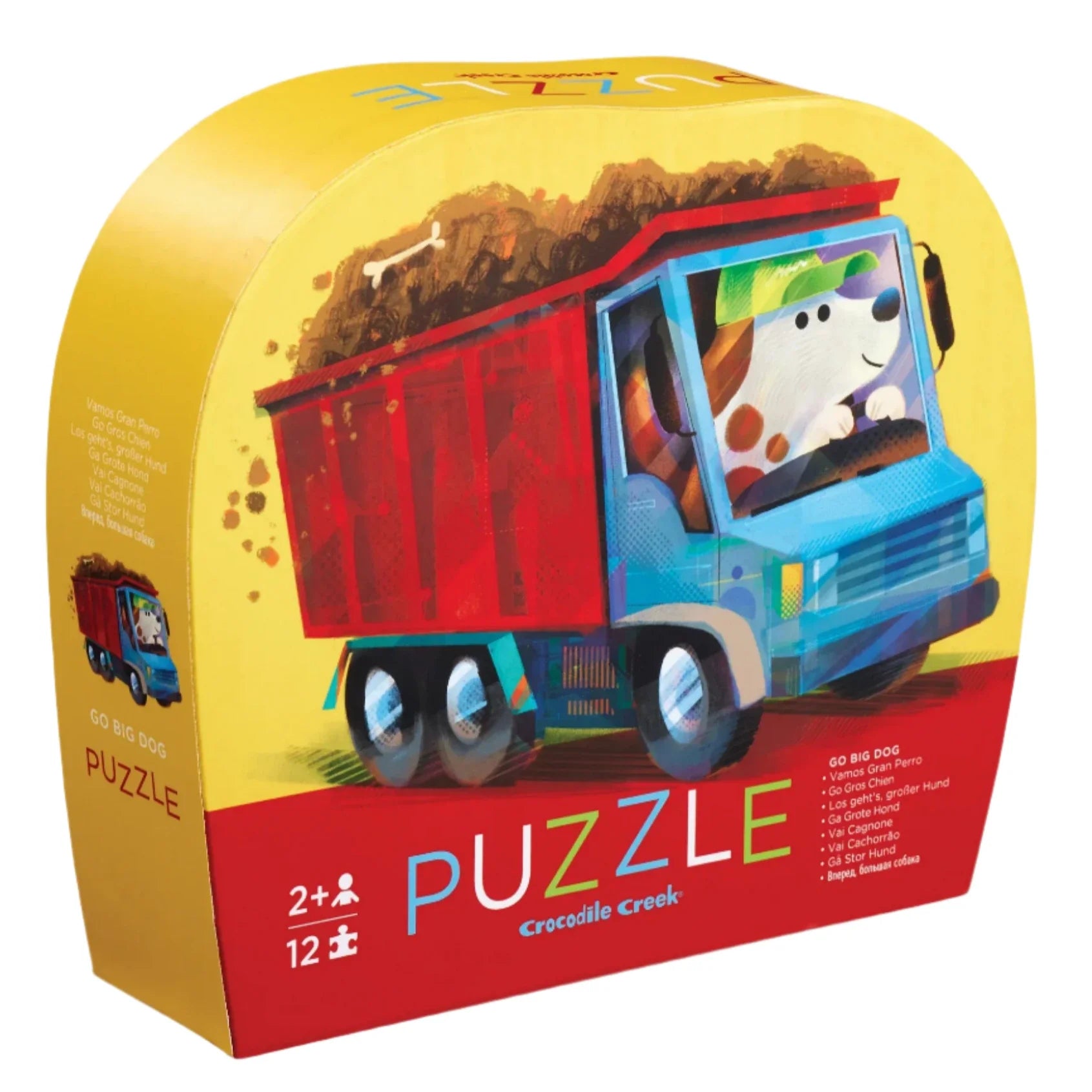 Discover the Crocodile Creek Go Big Dog 12 Piece Puzzle, perfect for ages 2 and up. This engaging puzzle showcases a charming illustration of a dog driving a red and blue dump truck, providing not only entertainment but also aiding in hand-eye coordination through fun construction vehicle play.