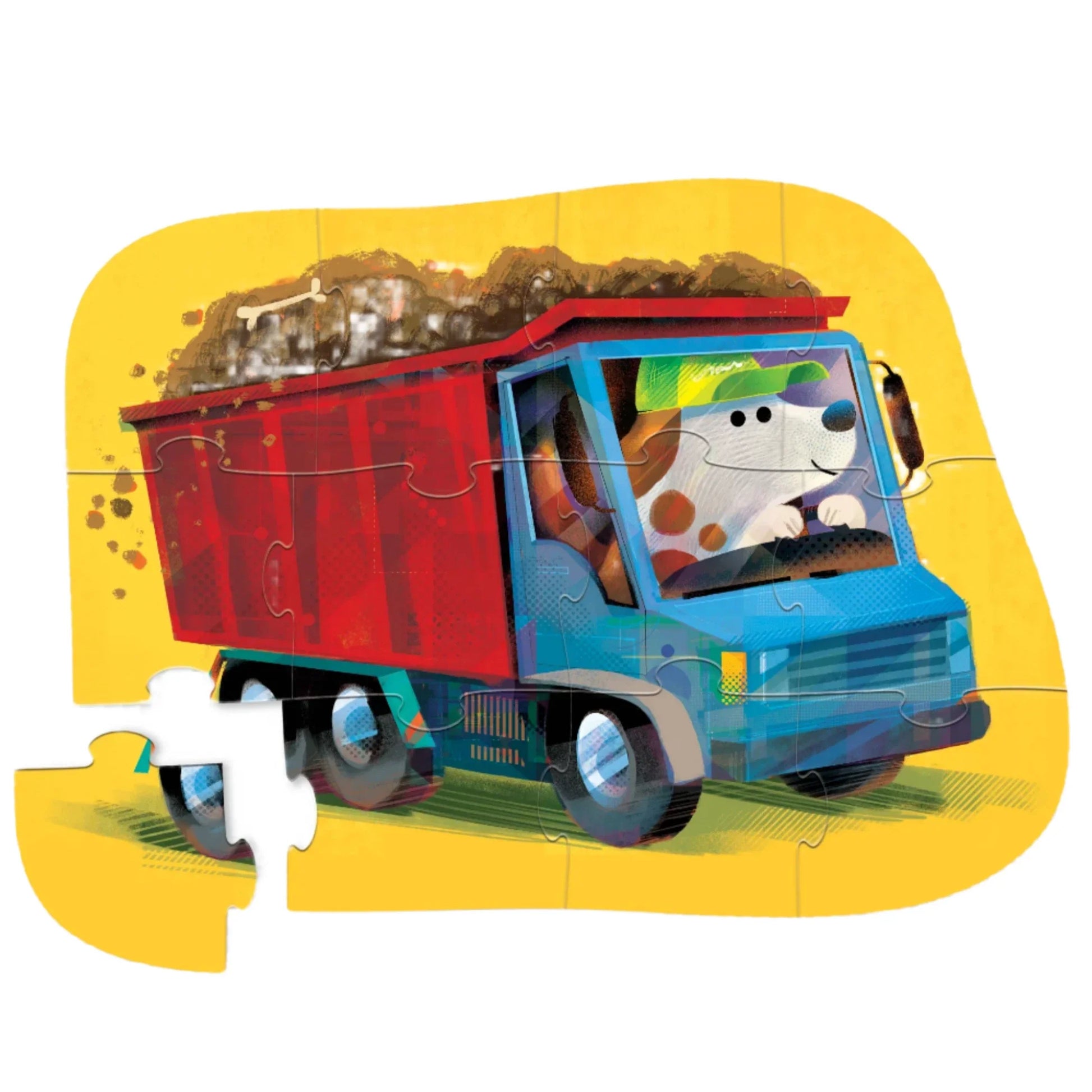 Crocodile Creek's Go Big Dog 12 Piece Puzzle features an illustrated scene of a big dog behind the wheel of a red dump truck filled with dirt, set against a yellow background. While missing a few pieces, this puzzle is perfect for engaging young minds and improving hand-eye coordination through its captivating construction vehicle theme.