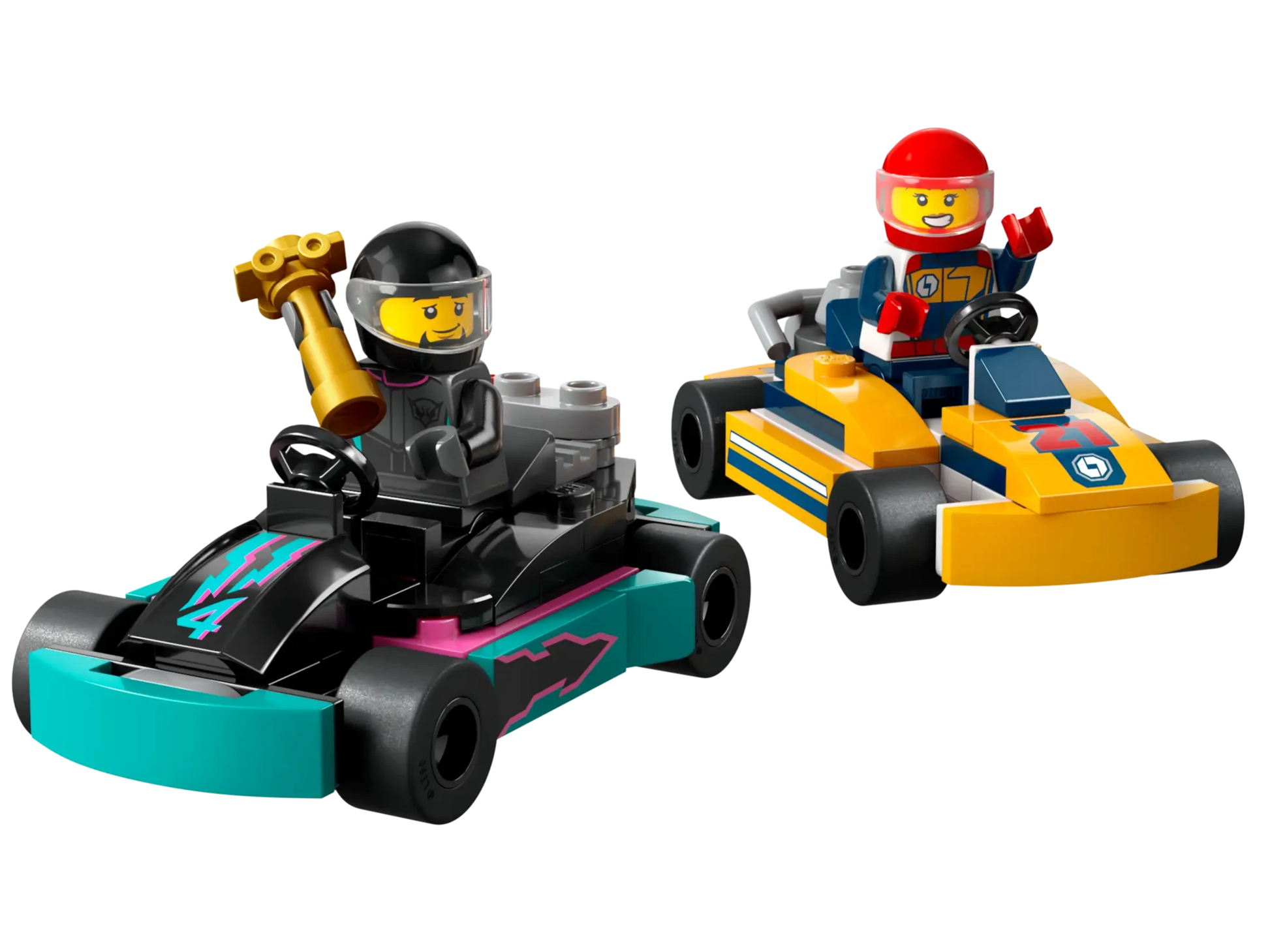 Product Name: LEGO® Go-Karts & Race Drivers

Brand Name: Legos - Toyhouse

Description: Experience the thrill of racing with the LEGO® Go-Karts & Race Drivers set. This set features two cheerful figures in vibrant racing karts: one in sleek black, equipped with a helmet and holding a winner’s trophy, and the other adorned in dynamic yellow and blue colors with a red helmet.