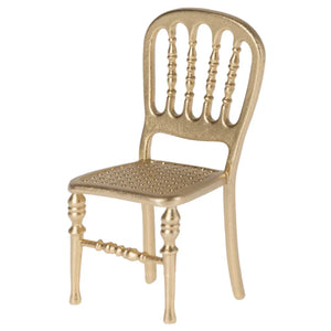 The Maileg Gold Chair, Mouse is a vintage-style gold chair with an ornate spindle backrest and perforated seat—complete with decorative turned legs and a support bar, ideal for your Maileg mouse castle.