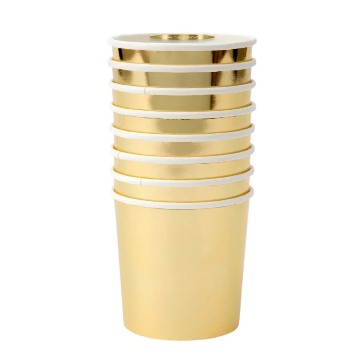 A neat stack of eight Meri Meri Gold Tumbler Cups, each with a 9oz capacity and a glittery finish.