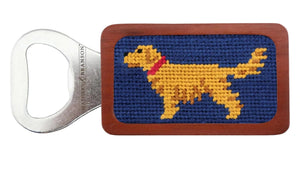 The Smathers & Branson Golden Retriever Bottle Opener is hand-stitched and features a yellow dog with a red collar on blue, plus a wooden handle.