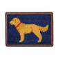 The Smathers & Branson Card Wallet features a rectangular patch with a hand-stitched yellow dog in a red collar on a dark blue background, bordered by brown leather—a charming design that showcases refined craftsmanship.