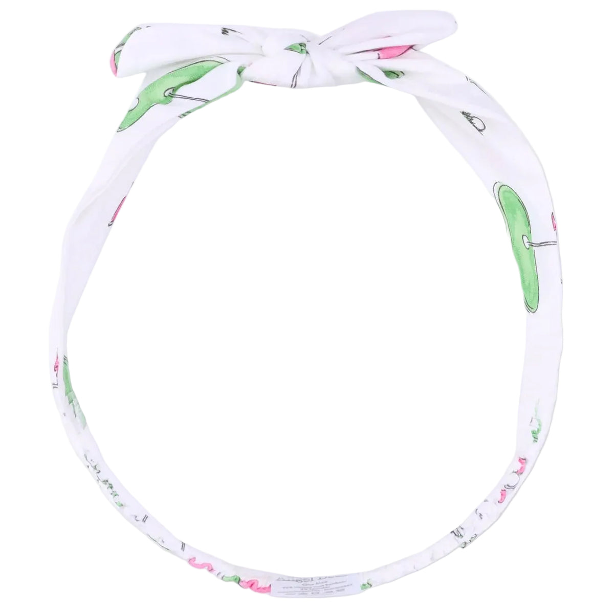 Angel Dear Knot Headband in white bamboo, featuring a top knot and green and pink printed pattern.