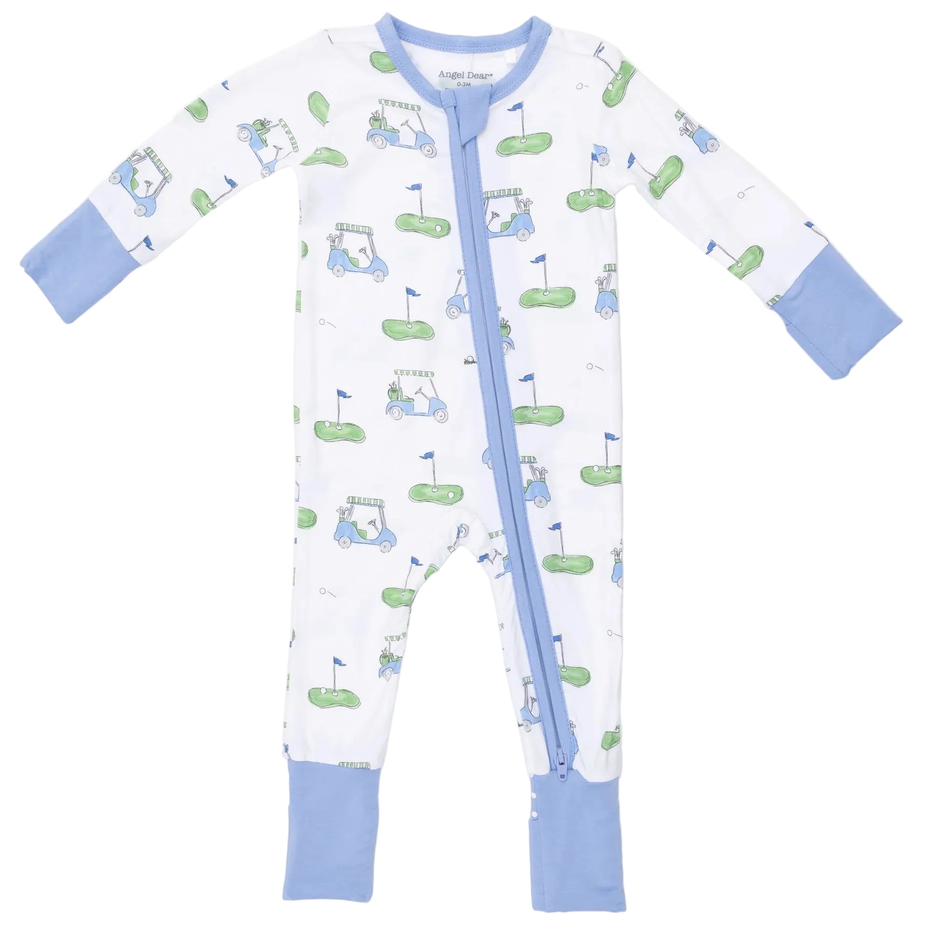 Angel Dear’s Baby Convertible Romper features a white design with light blue cuffs and zipper, adorned with playful cartoon golf carts, flags, and golf greens. Crafted from soft bamboo fiber, these PJs ensure the coziest snug fit for your little one.