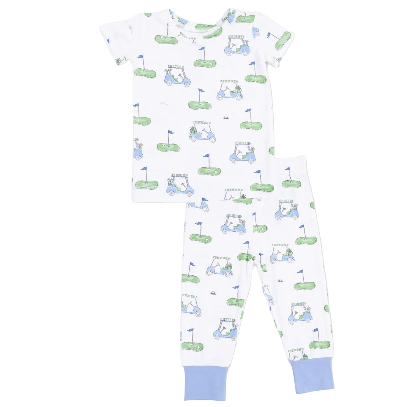 Introducing the Angel Dear Baby and Kids’ Short Sleeve Loungewear Set—a charming 2-piece pajama set that features a cozy short-sleeve top and long pants, crafted from soft white fabric adorned with a fun golf cart and putting green print. Blue cuffs on the pant legs add an extra touch of style. Perfect for toddlers, this comfy loungewear set is ideal for bedtime or relaxing at home.