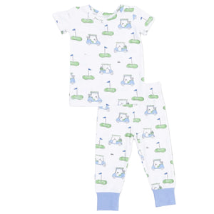 Introducing the Angel Dear Baby and Kids’ Short Sleeve Loungewear Set—a charming 2-piece pajama set that features a cozy short-sleeve top and long pants, crafted from soft white fabric adorned with a fun golf cart and putting green print. Blue cuffs on the pant legs add an extra touch of style. Perfect for toddlers, this comfy loungewear set is ideal for bedtime or relaxing at home.
