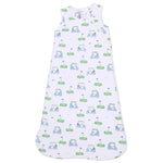 The Angel Dear Baby Sleep Bag is a sleeveless, white sleep sack made from soft bamboo fabric and adorned with whimsical golf-themed illustrations—including golf bags, flags, greens, and balls—in cheerful blue and green shades.
