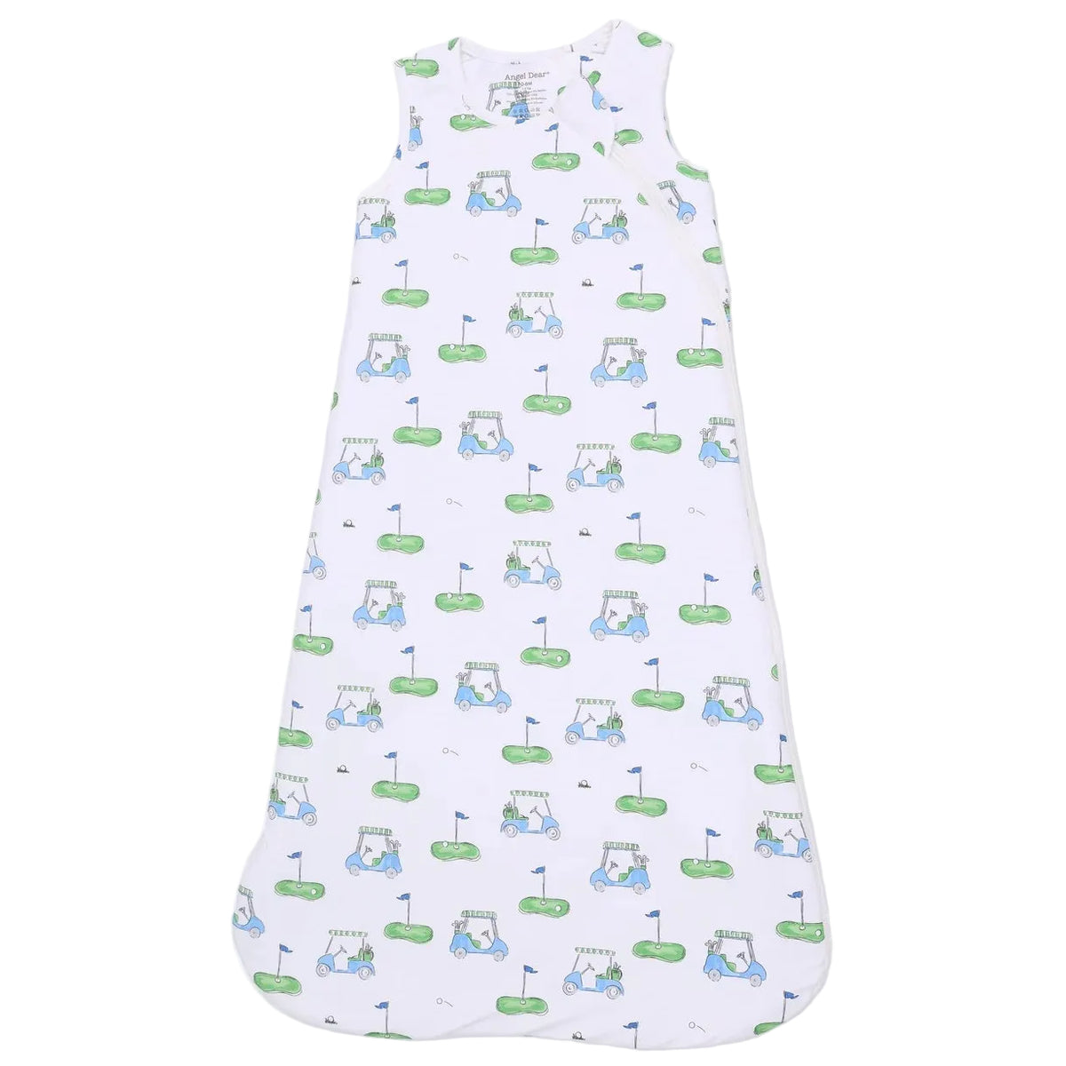 The Angel Dear Baby Sleep Bag is a sleeveless, white sleep sack made from soft bamboo fabric and adorned with whimsical golf-themed illustrations—including golf bags, flags, greens, and balls—in cheerful blue and green shades.
