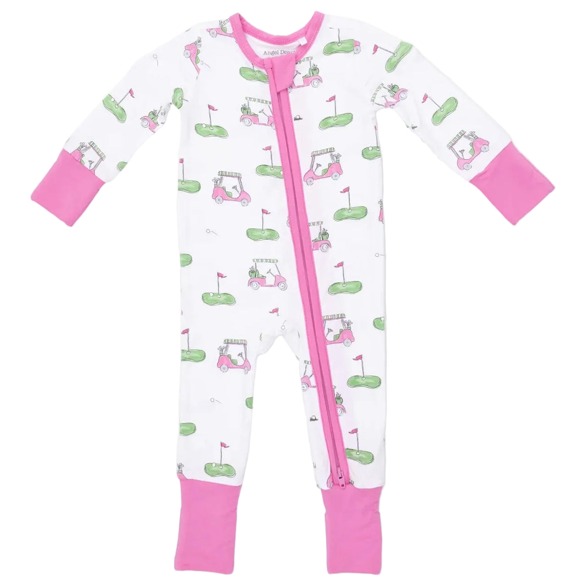 The Angel Dear Baby Convertible Romper features a white base with pink cuffs, a diagonal pink zipper, and an adorable pattern of golf carts and golf greens. Made from soft, breathable bamboo fiber, these baby pajamas are designed to keep your little one cozy and comfortable all night long.