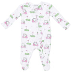 Dress your little one in the adorable Angel Dear Baby Girls’ 2-Way Zipper Ruffle Back Zipper Footie. This soft bamboo footie features long sleeves and a playful pattern of pink golf carts, green golf courses, and red flags. Designed for comfort and convenience, it has a front zipper closure for easy changes.