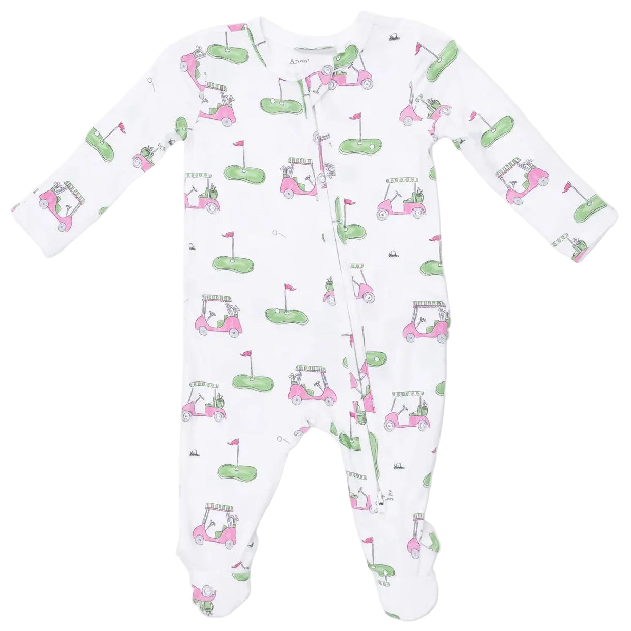Dress your little one in the adorable Angel Dear Baby Girls’ 2-Way Zipper Ruffle Back Zipper Footie. This soft bamboo footie features long sleeves and a playful pattern of pink golf carts, green golf courses, and red flags. Designed for comfort and convenience, it has a front zipper closure for easy changes.