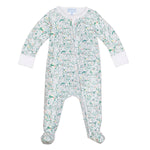 The Joy Street Baby Boys' Golf Zip Onesie is a white footed onesie adorned with green dinosaur patterns and a front zipper, ideal for young adventurers.