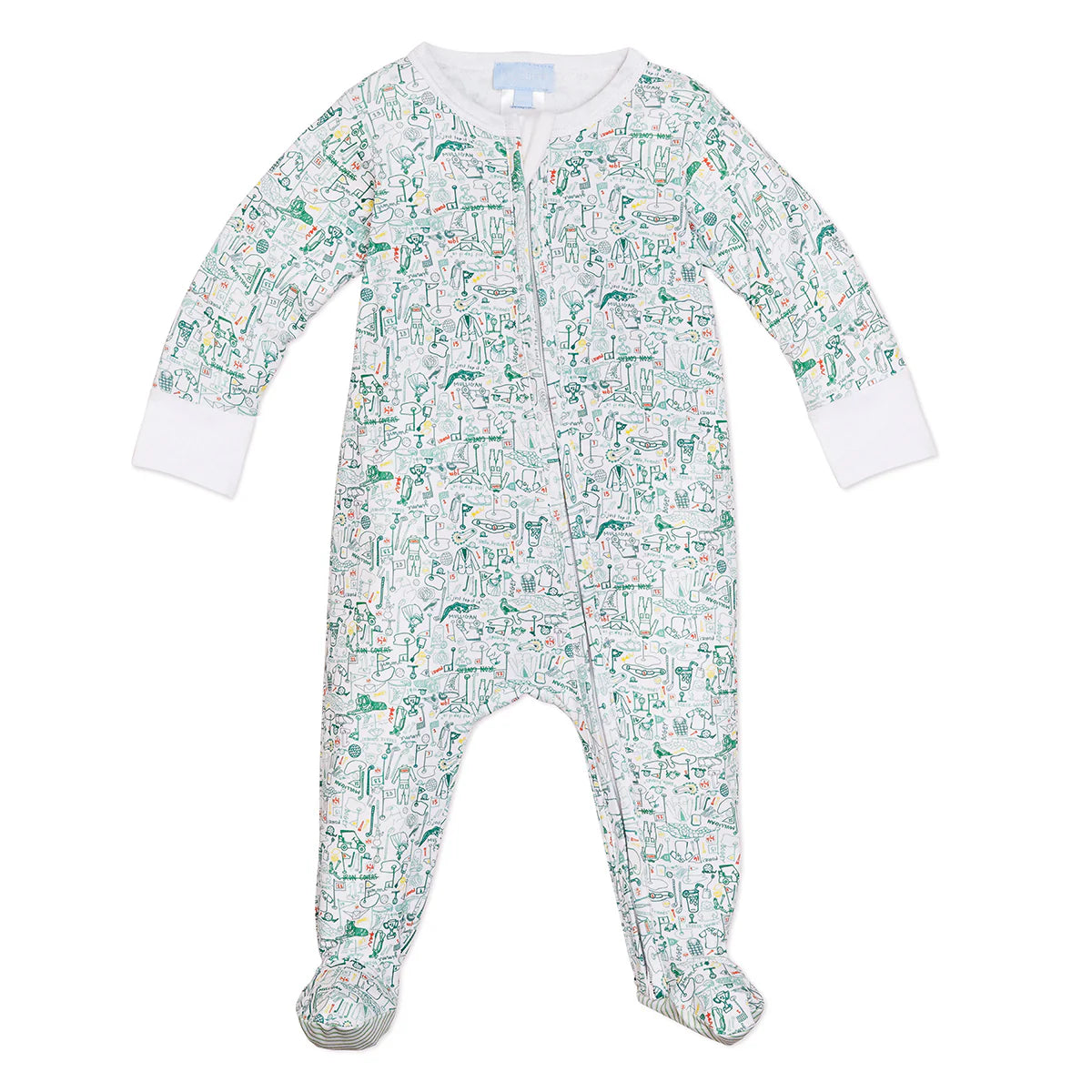 The Joy Street Baby Boys' Golf Zip Onesie is a white footed onesie adorned with green dinosaur patterns and a front zipper, ideal for young adventurers.