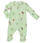 An Angel Dear 2-Way Zipper Footie baby onesie in green, crafted from bamboo fiber fabric and adorned with playful animal and adventure-themed illustrations, featuring the brand's signature zipper footie design.