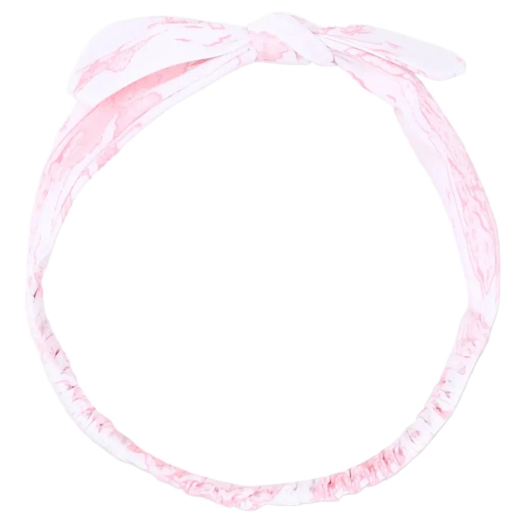 The Angel Dear Knot Headband features a charming pink and white bow at the top and an elastic band at the bottom, crafted from bamboo and displayed against a white background.