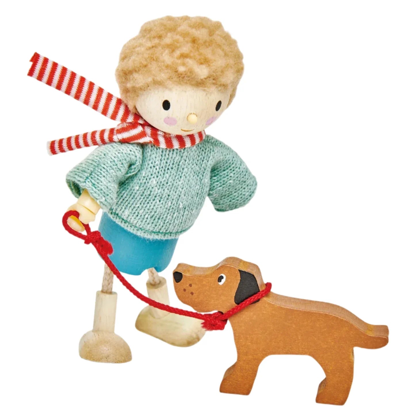 Mr. Goodwood and his Dog by Tender Leaf Toys is a solid wood figurine set featuring a child in a striped scarf and sweater holding a red leash, with their pet dog, beautifully crafted on a white background.