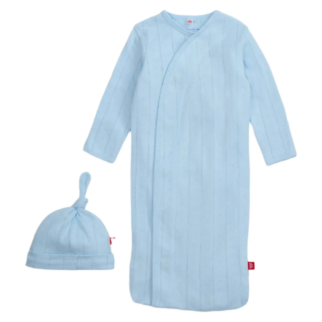 Introducing the Magnetic Me Love Lines Gown + Hat Set, a newborn outfit in light blue made from organic cotton, complete with long sleeves and a coordinated knotted hat.